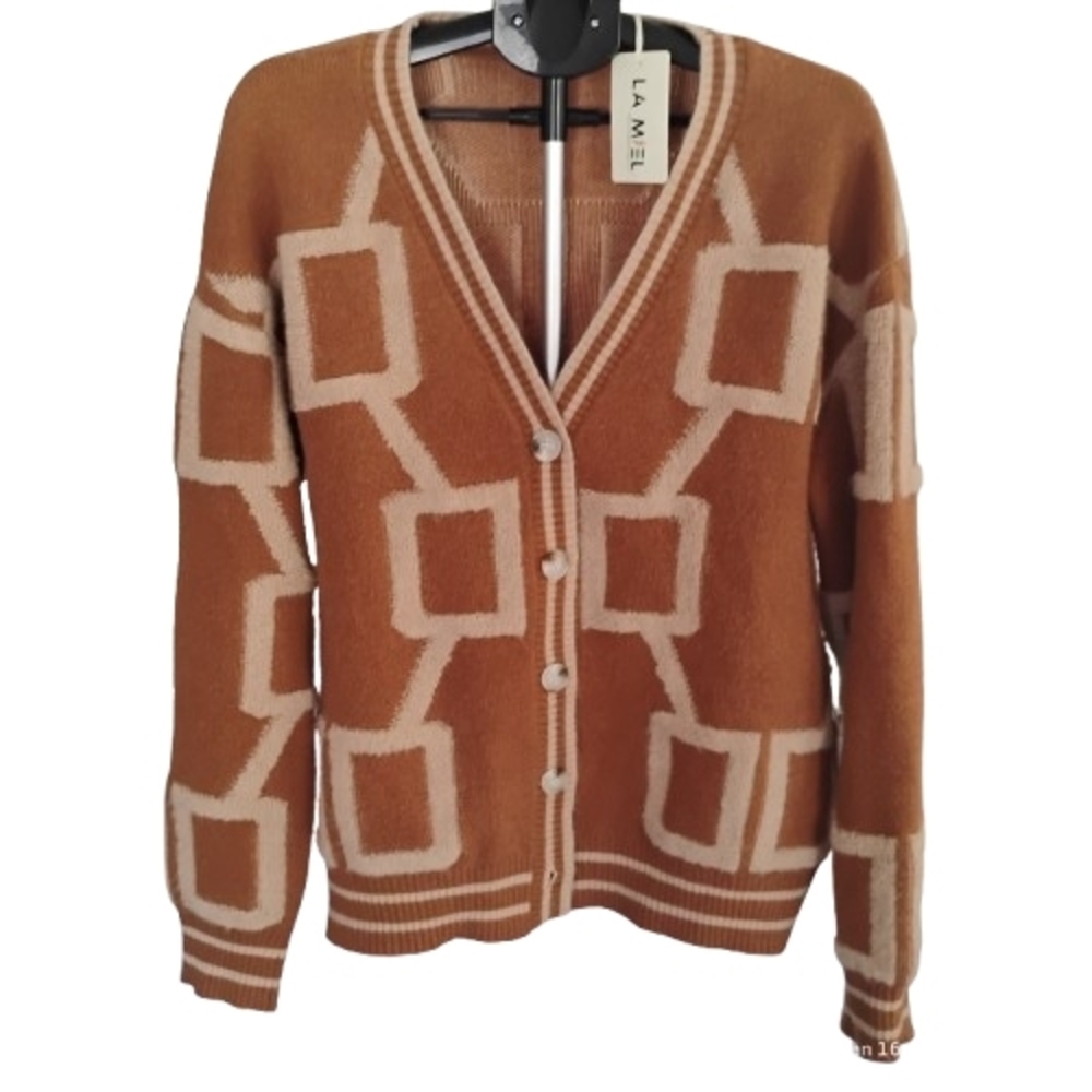 LA MIEL Tan and Cream Geometric Cardigan